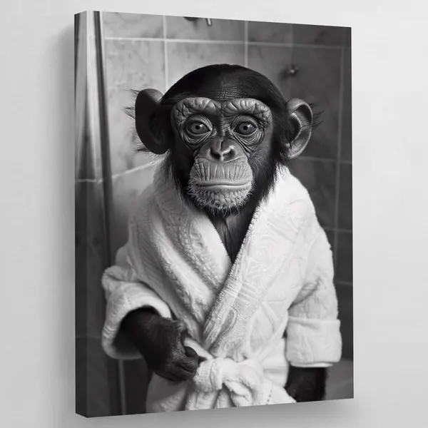 Tableau Bébé Singe Salle De Bain Noir et Blanc
